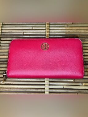 Tory Burch red Zip-Around Saffiano Leather Wallet with Gold Logo